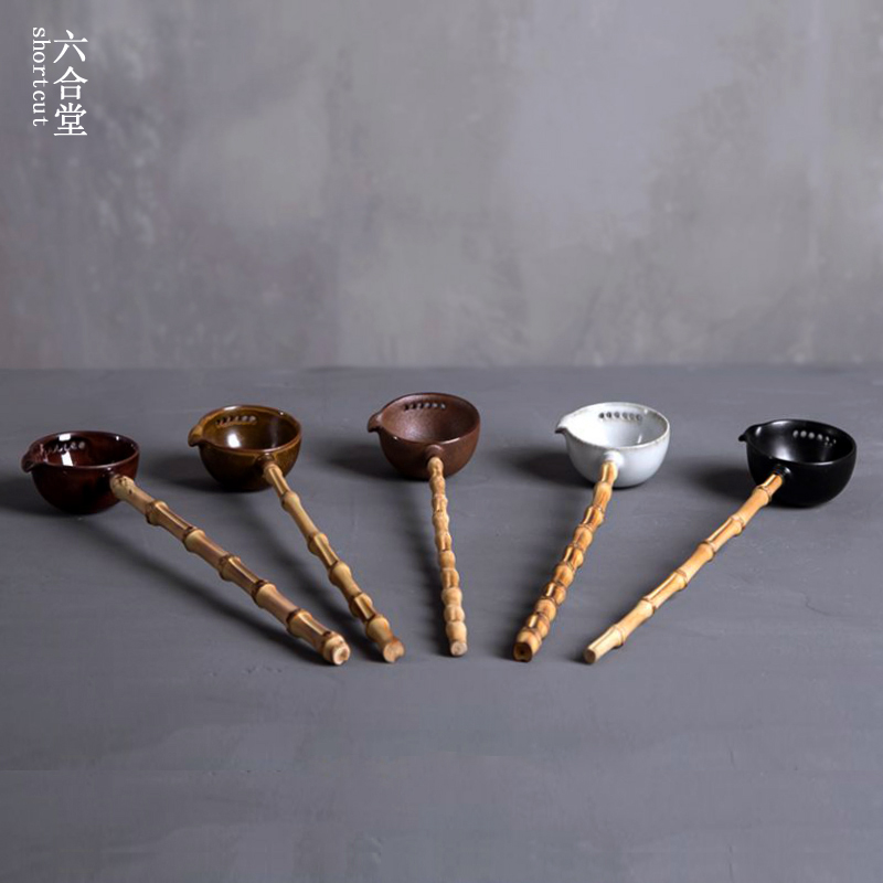 六合堂干泡碗分茶勺 日式手工粗陶竹柄分茶器 景德镇茶具舀水勺子