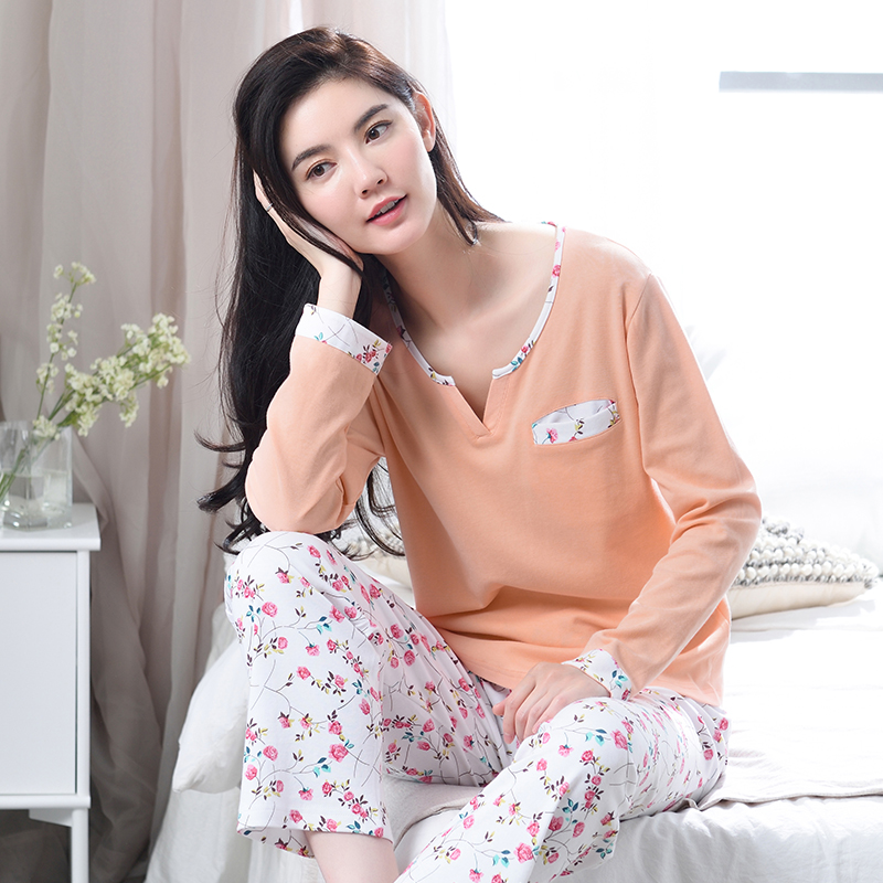 春秋款睡衣女冬纯棉长袖薄款全棉大码胖mm女装睡觉睡衣女土家居服