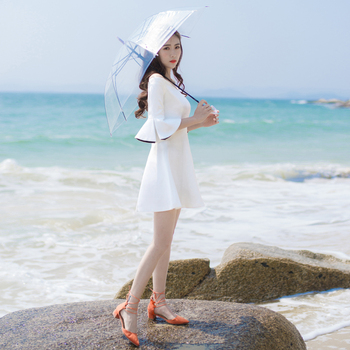 2017新款夏季女装修身气质a字收腰露肩裙子女