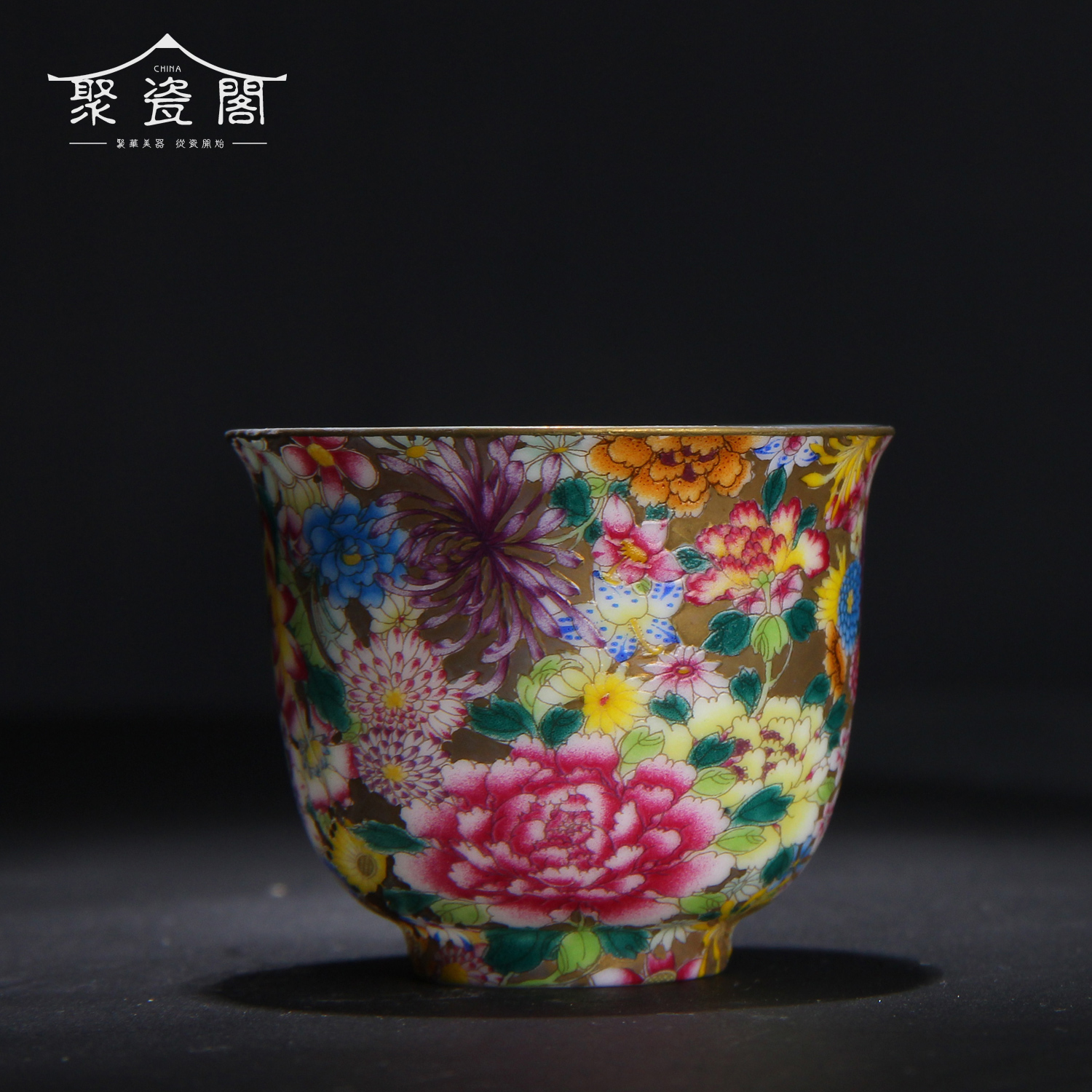 聚瓷阁景德镇茶杯 手工手绘粉彩万花杯 功夫茶具 品茗杯主人杯