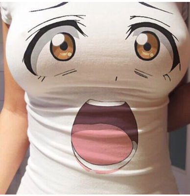 3d卡通动漫大眼睛显胸大爆乳萌妹子修身圆领短袖