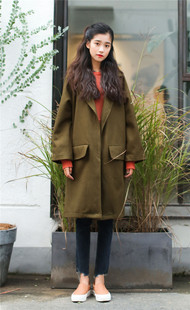 2016冬季新款韩版时尚茧型宽松军绿羊毛呢大