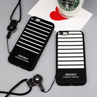简约黑白英文条纹苹果6s手机壳挂绳5se硅胶软
