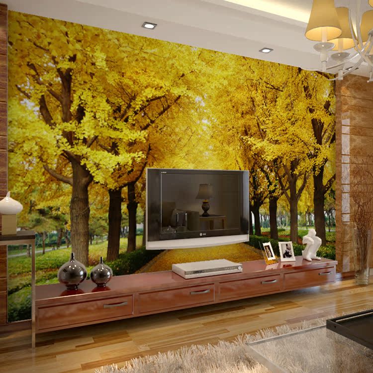 简约现代田园风景壁纸3d黄金树大道壁画客厅卧室沙发电视背景墙纸