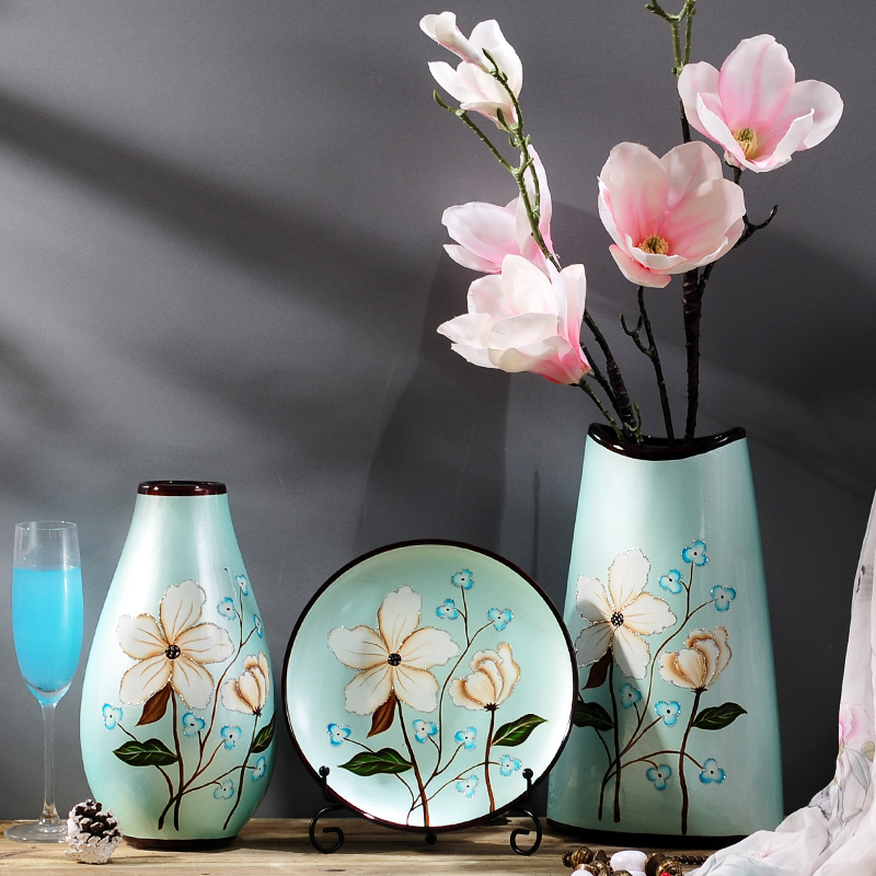 独家原创设计 手绘陶瓷花瓶摆件三件套 办公室书桌摆设花插工艺品