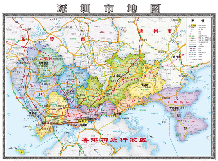 2017新版大图深圳市地图挂图行政交通地形卫星城区办公室装饰画