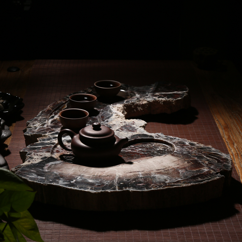 石头茶盘天然石茶台 大号木化石随形一体家用茶海石 整块玉石茶盘
