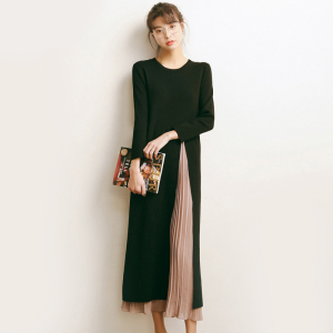过膝假两件套长款毛衣裙