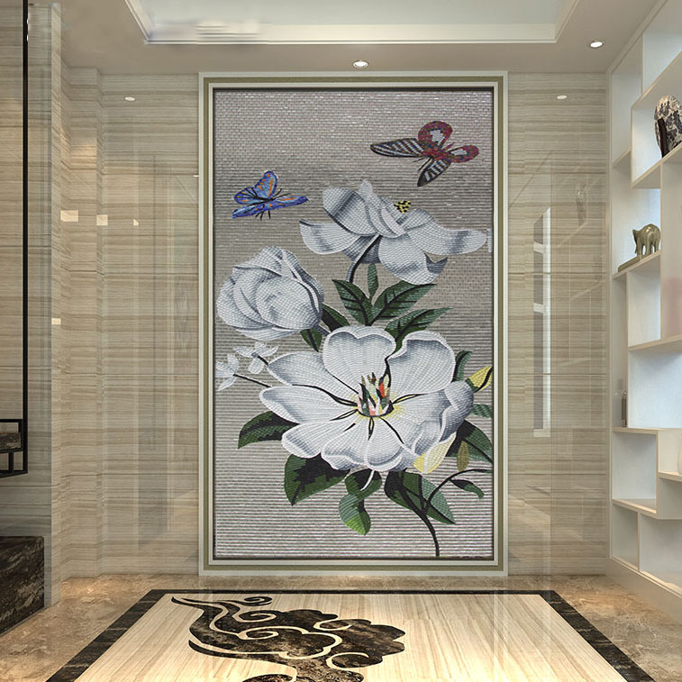 茶花冰玉玻璃马赛克电视背景墙剪画定制拼花玄关墙拼图建材包邮