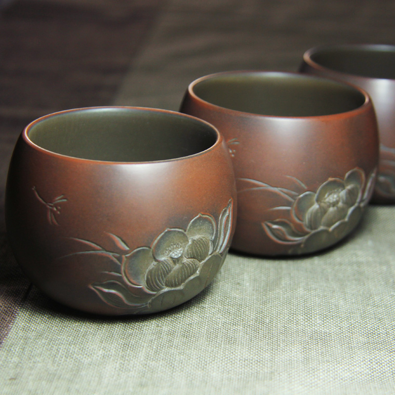 淘壶者钦州坭兴陶纯手工浮雕荷花个人专用原矿品茗陶茶杯