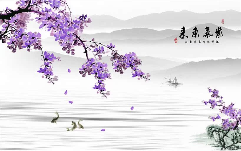 紫气东来水墨画山水壁画公司前台办公室酒店大厅电视背景墙纸壁纸