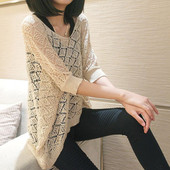套头宽松防晒上衣中袖 针织衫 夏季新款 镂空罩衫 大码 薄网衫 女装 韩版