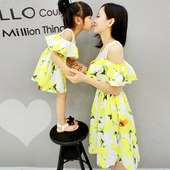 夏季沙滩连衣裙蕾丝黄色柠檬裙显瘦 韩版 2017夏装 母女装 新款 亲子装
