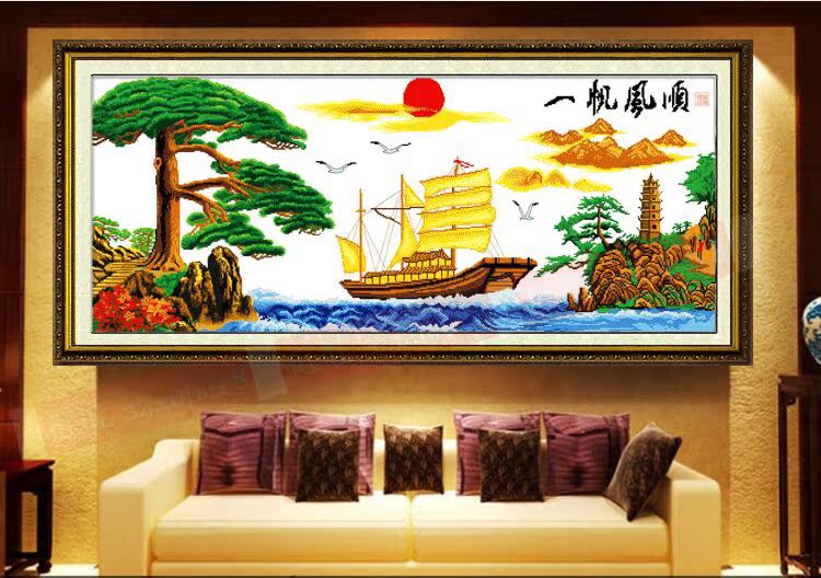 蒙娜丽莎十字绣一帆风顺迎客松十字绣山水画风景新款客厅精准印花