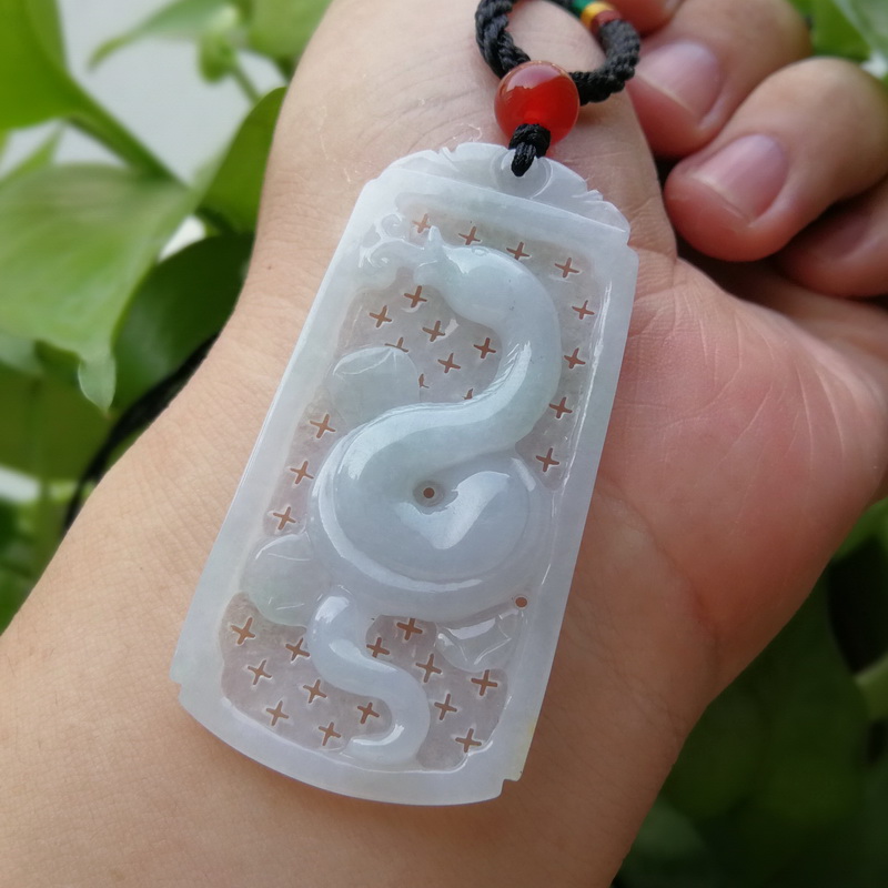 缅甸老坑a货翡翠生肖蛇玉佩挂件 冰糯种飘花玉石玉器珍品吊坠证书