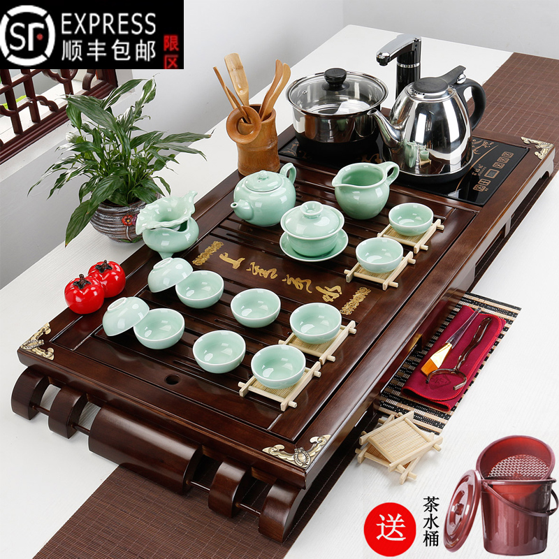 紫砂茶具套装特价包邮家用功夫茶具整套四合一电磁炉实木茶盘茶台