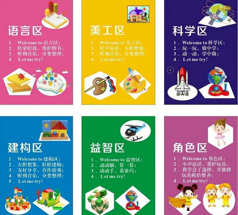 幼儿园教室布置建构区角色区语言区贴纸贴画墙贴自粘标语海报标志_双