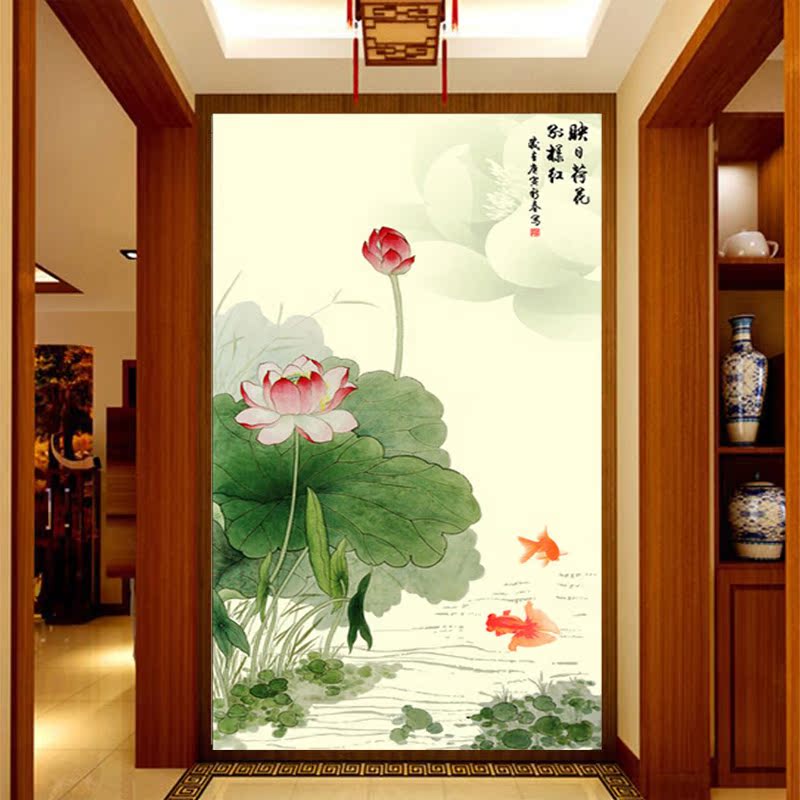 竖版电视背景墙影视墙 玄关走廊过道壁纸壁画 工笔手绘荷花鱼竖版