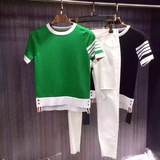潮流夏季修身运动纽扣条纹彩条四杠条圆领男女短袖针织衫T恤 包邮
