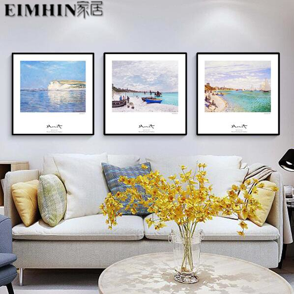 北欧风地中海客厅沙发背景墙装饰画仿油画卧室餐厅壁挂画莫奈风景