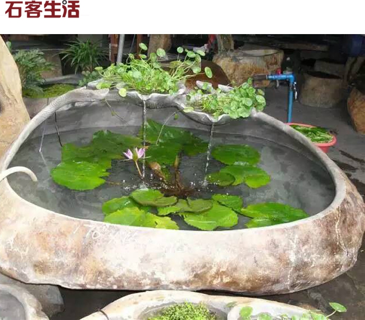 天然石头荷花流水喷泉鱼缸 户外花园养花大水池 居家镇宅养鱼石缸