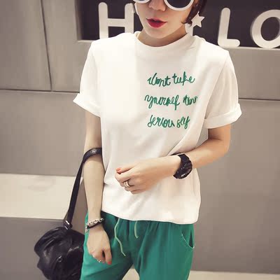 韩版字母印花黄白条纹破洞宽松短袖T恤体恤女