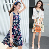 2017新款女装夏季棉绸无袖背心裙修身显瘦中长款印花连衣裙沙滩裙