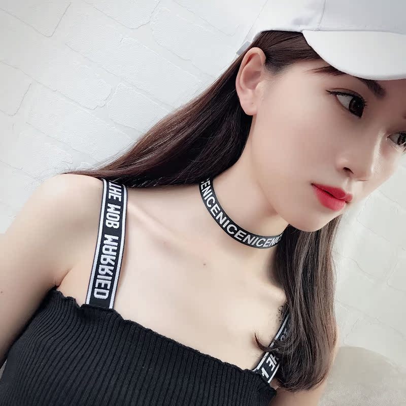 个性潮人字母丝带项圈项链韩国百搭简约织带短款锁骨链简约颈带女_双