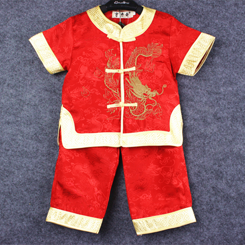 夏季儿童唐装汉服1周岁抓周服中山装绣龙长裤蓝色男童表演服特价