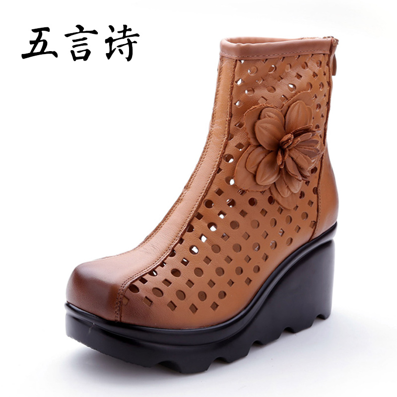 坡跟花朵五言诗包头高跟鞋真皮牛皮凉靴女夏凉