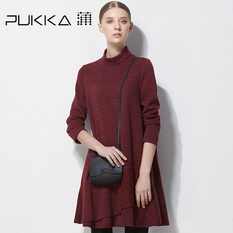 Pukka/蒲牌秋冬新款原创设计大码女装小高领长袖针织连衣裙商品大图