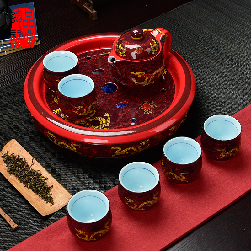 正品陶瓷双层隔热套装茶具茶杯带茶盘复古龙纹功夫泡茶器结婚高档