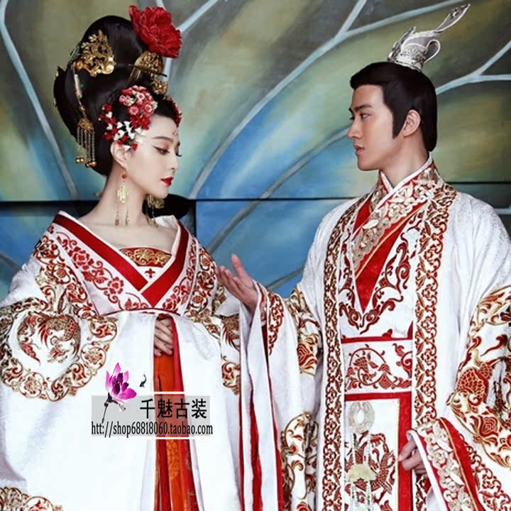 武则天古装武媚娘范冰冰白色大拖尾汉服皇后装绣龙凤喜服p-214