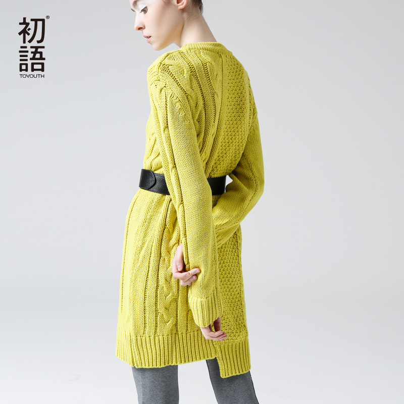 初语 秋季不对称麻花针织长袖圆领连衣裙