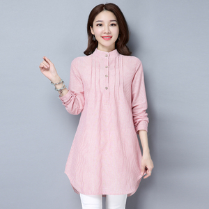 2017春秋新品女士长袖棉麻条纹衬衫裙百搭大
