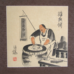 国画装饰摊煎饼手绘人物民俗画批发可定制 饭店饭馆餐厅挂画小吃店