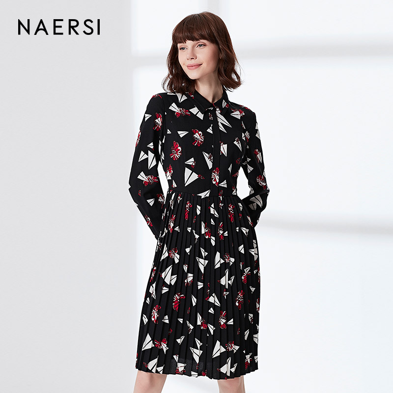 naersi/娜尔思女装新款秋装长袖翻领纸飞机修身百搭优雅连衣裙