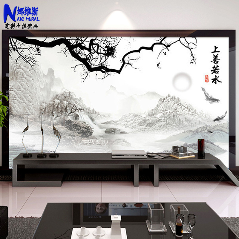 3d电视背景墙壁纸上善若水复古典山水画中式水墨壁画客厅餐厅墙纸