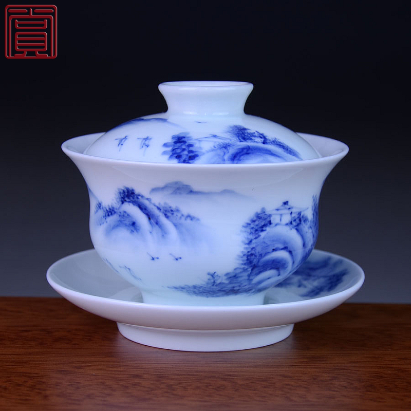 景德镇陶瓷京德茶器 功夫茶具 贵和祥盖碗 手绘青花山水三才盖碗
