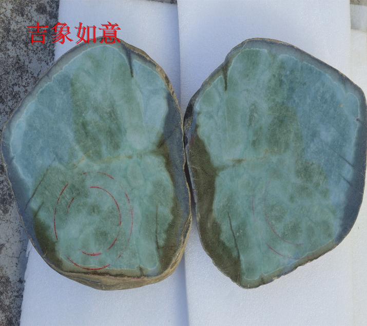 莫细沙豆青种翡翠玉半明赌石半明切口手镯毛料11.8斤原石2片包做