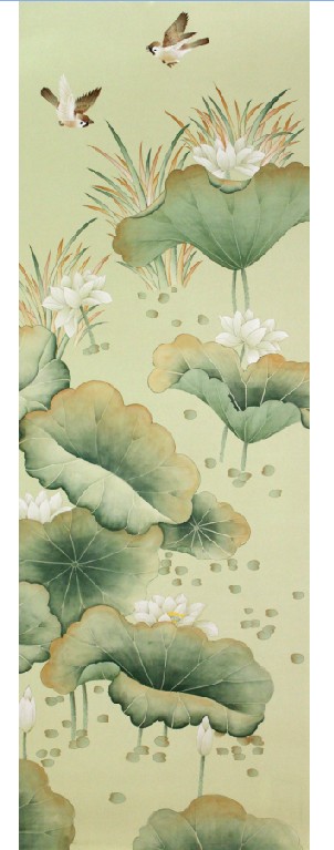 家装主材工笔荷花飞鸟真丝手绘壁纸丝绸墙纸silk wallpaper