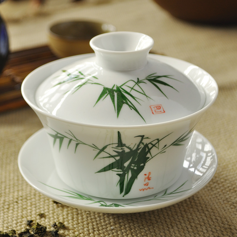 陶瓷功夫茶具手绘竹叶青盖碗开片可养茶具盖碗三才杯盖碗包邮