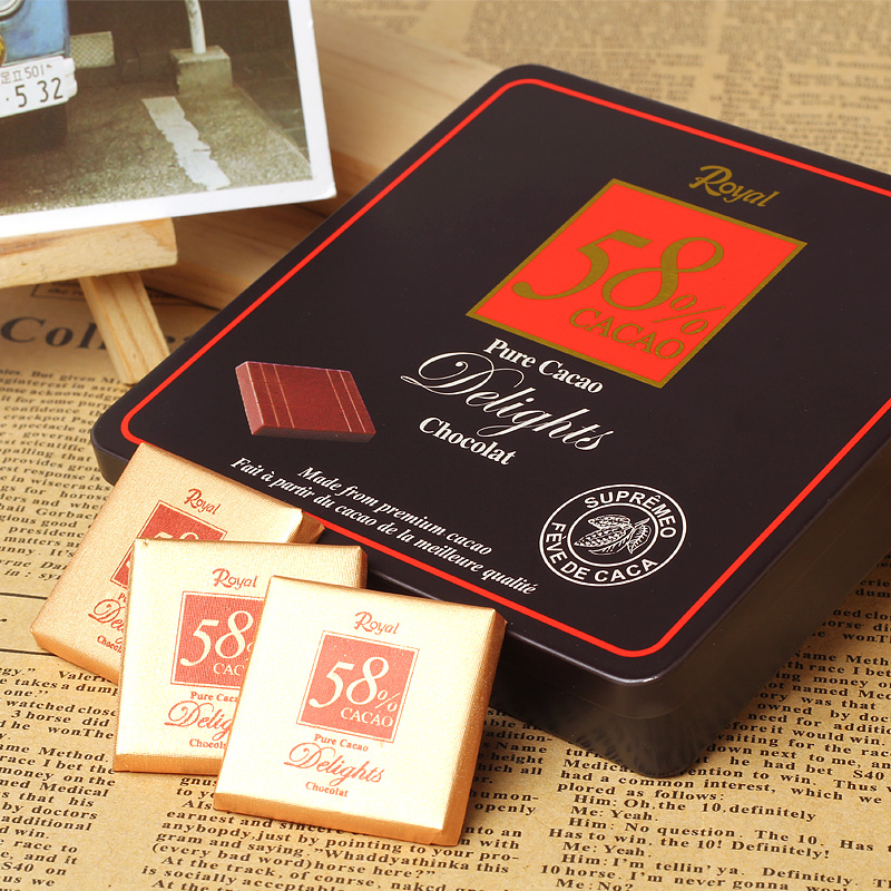 韩国进口royal皇家牌纯黑巧克力铁盒装片状朱古力cacao58%微苦