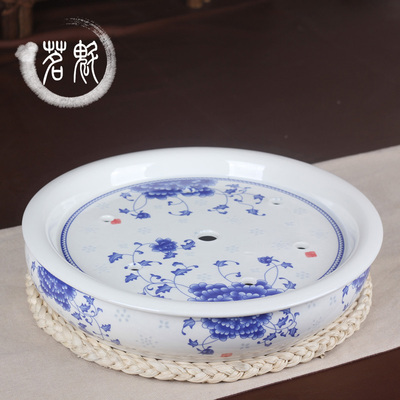 陶瓷茶盘 托盘 茶船圆形茶台茶座青花瓷功夫茶具茶盘储水茶海双层