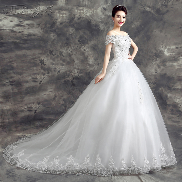 正品婚纱 婚纱礼服新款 2015夏新娘一字肩齐地