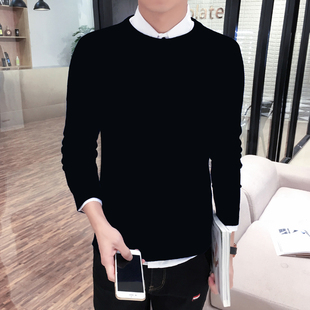 韩版男士毛线衣修身圆领打底衫毛衣针织衫加厚加绒高领紧身黑男装
