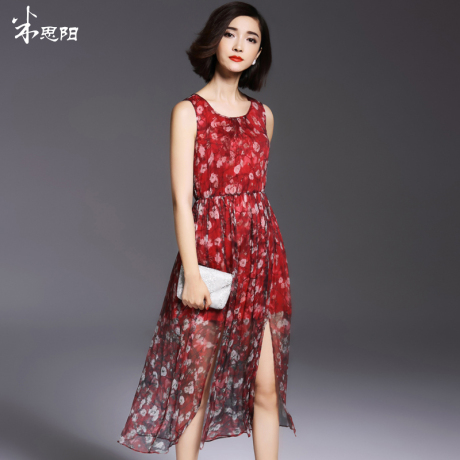 米思阳美清无袖背心裙2016春装新款修身真丝印花连衣裙碎花裙长裙商品大图