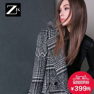 <em>ZK女装</em>2015<em>秋冬装</em>新款千鸟格子毛呢子<em>外套</em>毛