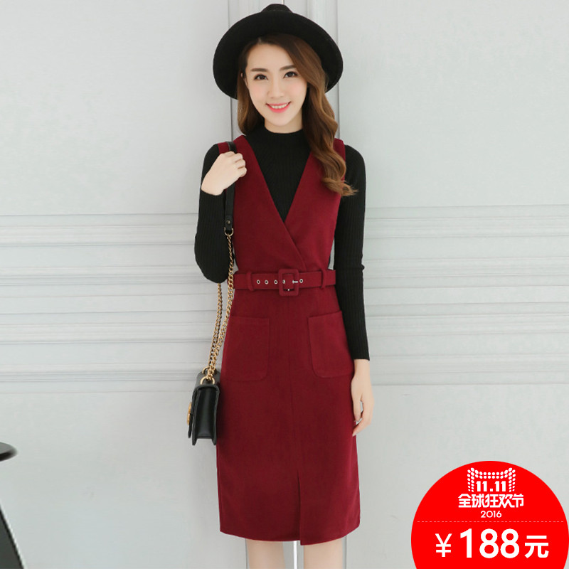 背心裙2016秋冬季新款韩版中长款修身毛呢套