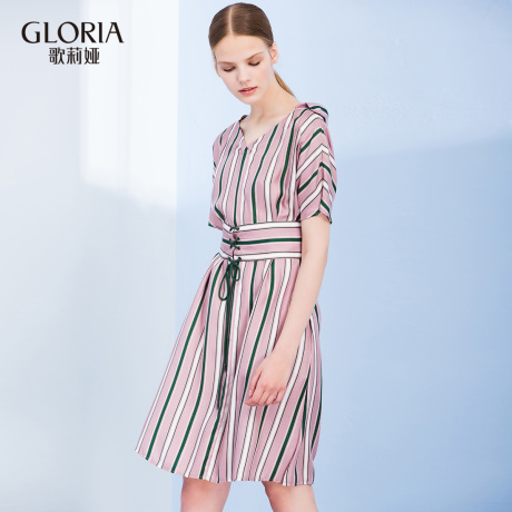 惠|3件7折|GLORIA/歌莉娅女装2017夏短袖束腰真丝连衣裙175K4B550商品大图